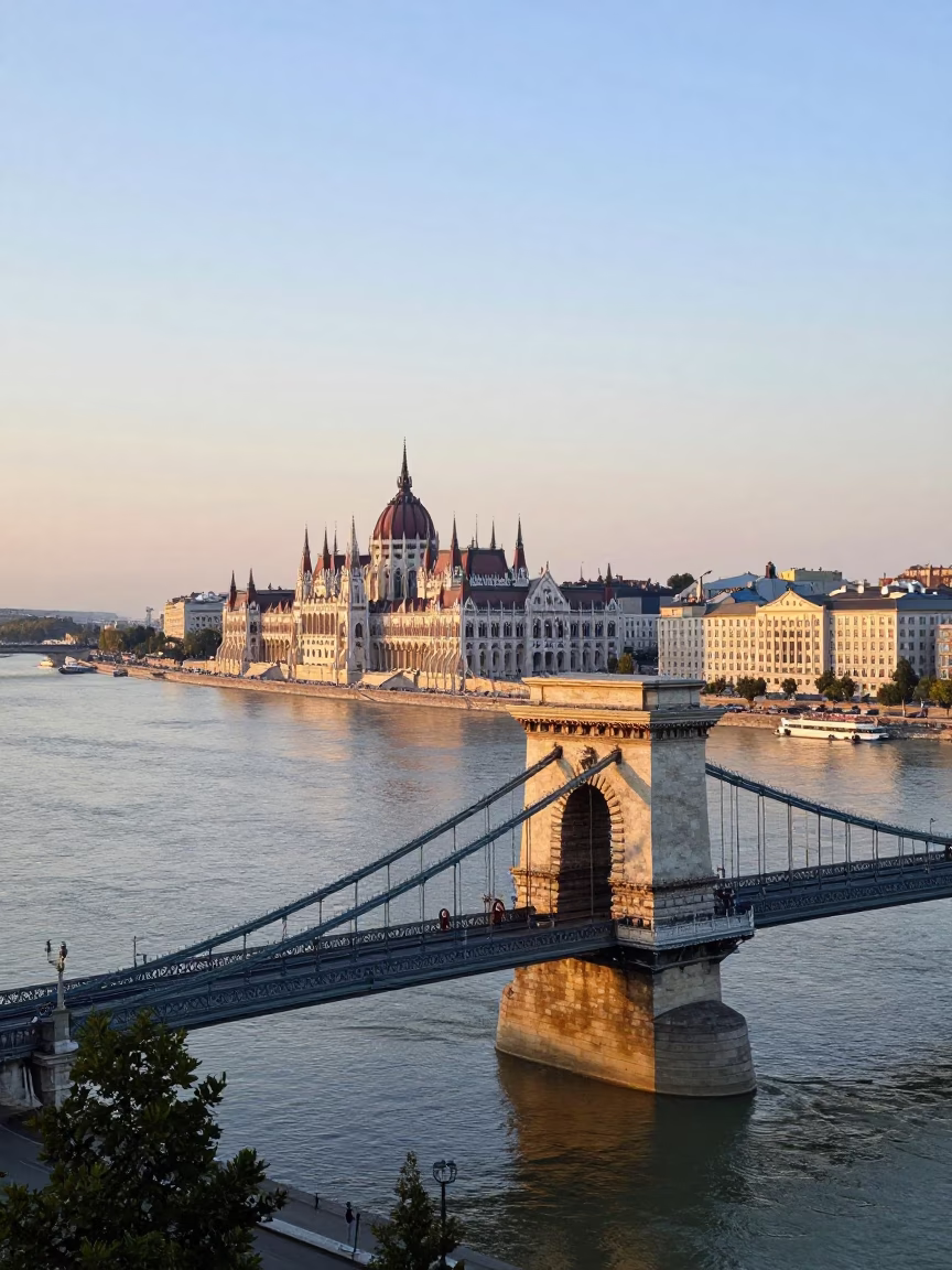 First Light Morning View of Budapest Danube River and Chain Bridge from Pest Bank in in Budapest, Hungary