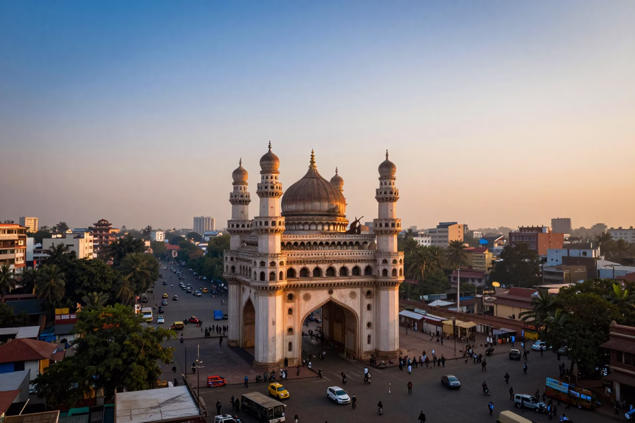 First Light Morning View of Hyderabad Cityscape and Charminar Minarets at Dawn in in Hyderabad, India
