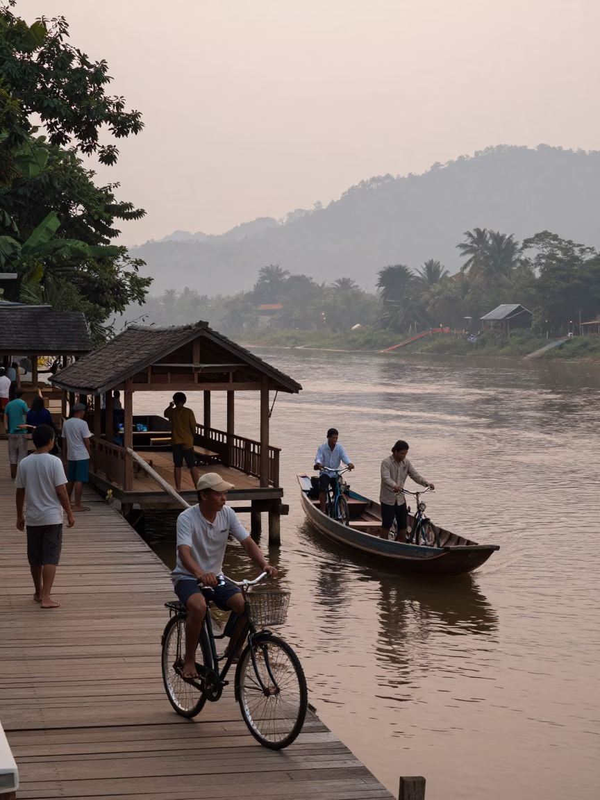 First Light Of Dawn on Bicycles in Luang Prabang in in Luang Prabang, Laos