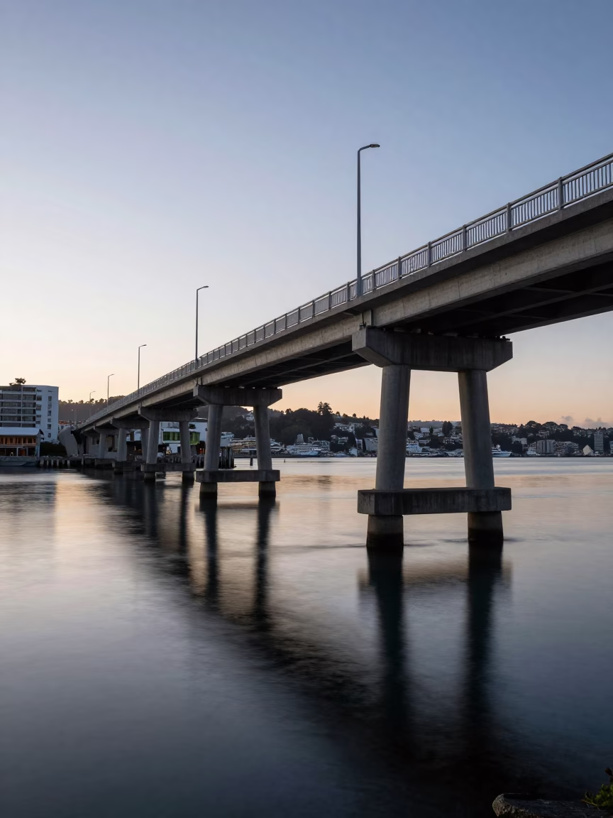 First Light Of Dawn on Bridge Pier Harbor Waters in Wellington in in Wellington, New Zealand