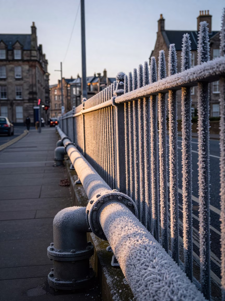 First Light Of Dawn on Coated Fencing in Edinburgh in in Edinburgh, United Kingdom