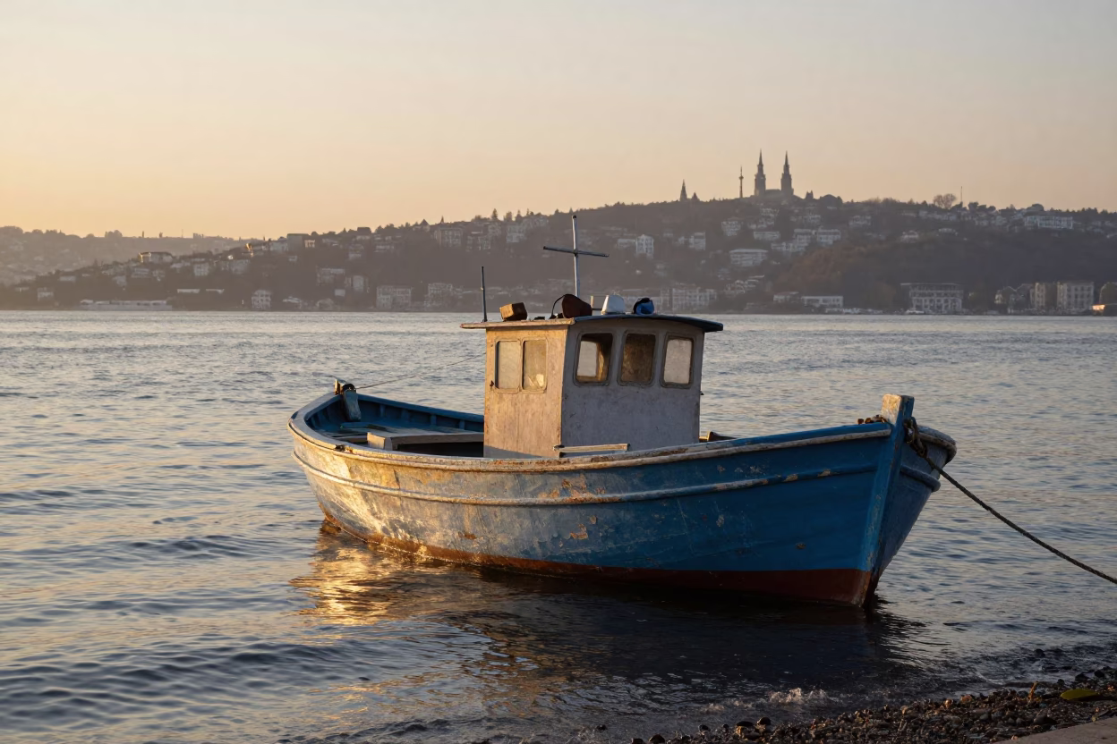 First Light Of Dawn on Fishing Boat in Istanbul in in Istanbul, Turkey