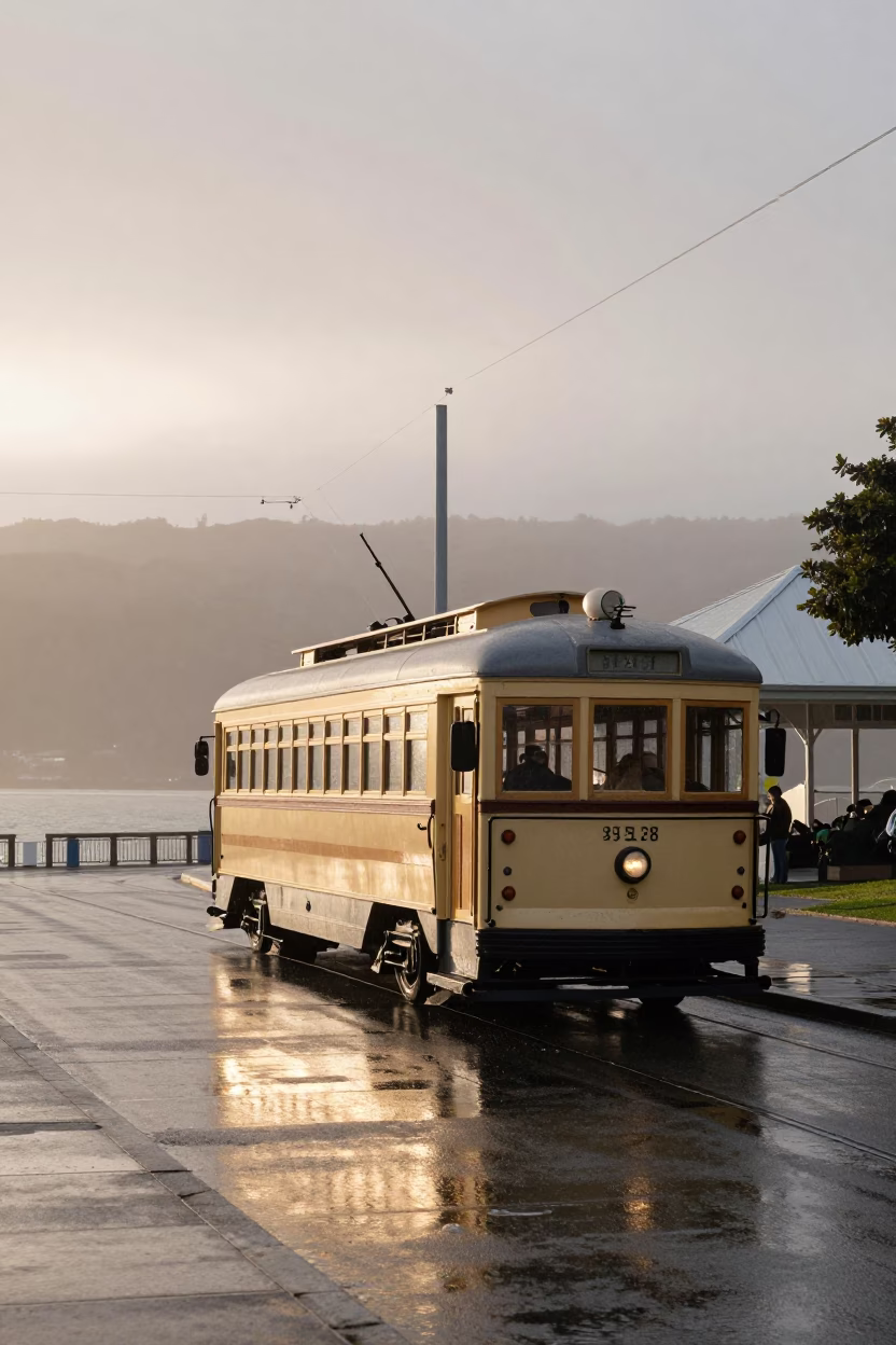 First Light Of Dawn on Heritage Tram in Wellington in in Wellington, New Zealand