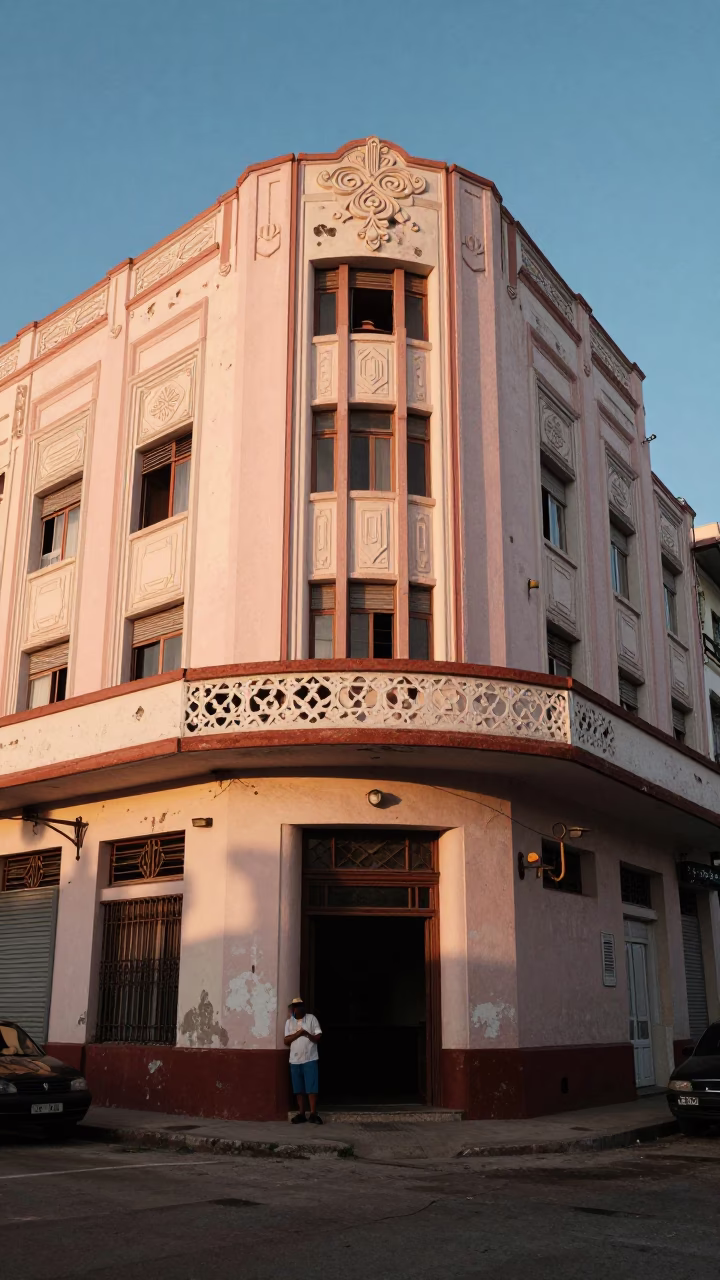 First Light Of Dawn on Hotel Facade in Havana in in Havana, Cuba