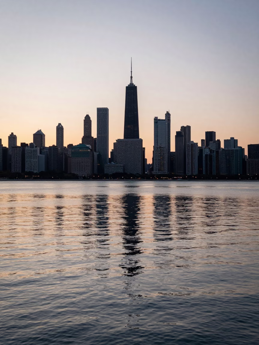 First Light Of Dawn on Light Reflecting in Chicago in in Chicago, Illinois, United States