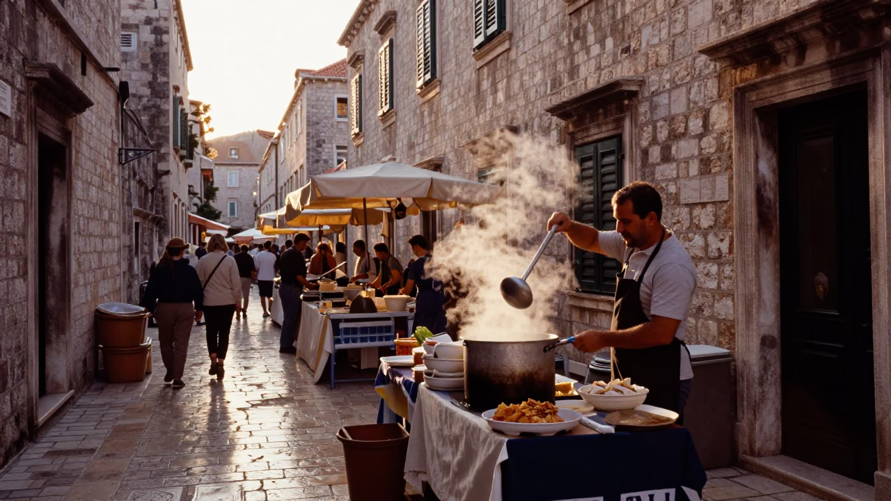First Light Of Dawn on Market Scene in Dubrovnik in in Dubrovnik, Croatia
