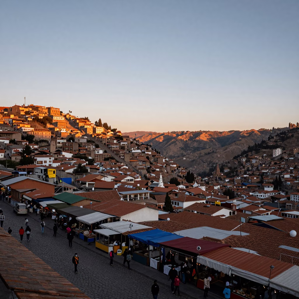 First Light Of Dawn on Market Scene in La Paz in in La Paz, Bolivia