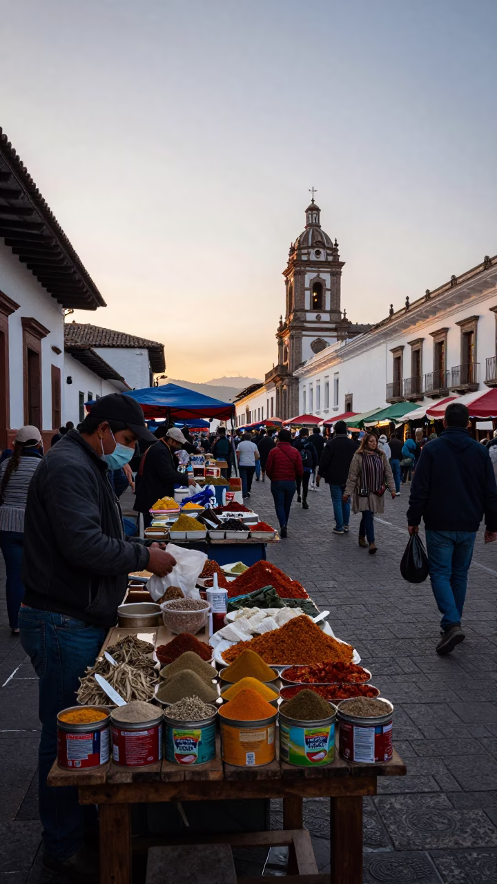 First Light Of Dawn on Market Stall in Quito in in Quito, Ecuador