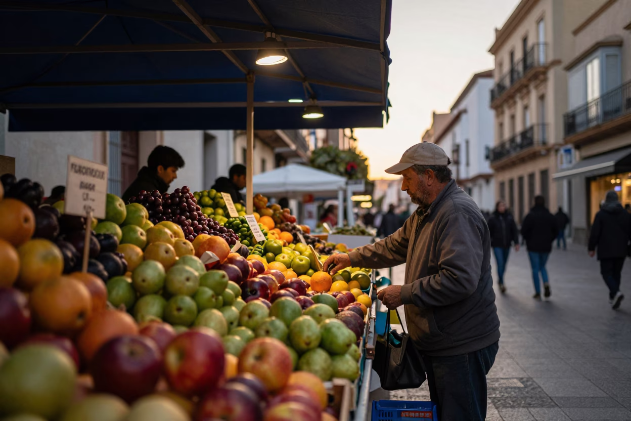 First Light Of Dawn on Market Stall in Valencia in in Valencia, Spain