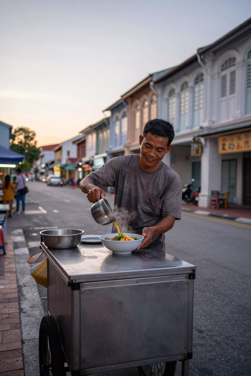 First Light Of Dawn on Noodle Soup in George Town in in George Town, Malaysia