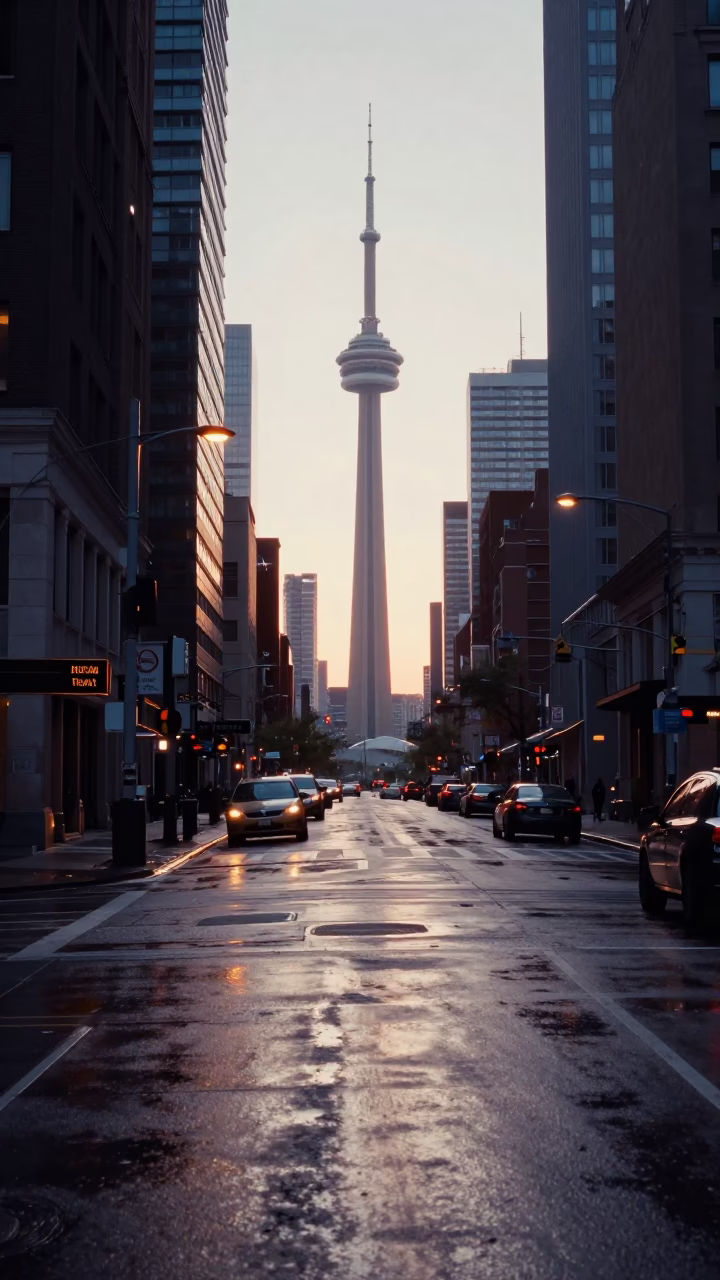 First Light Of Dawn on Street Corner in Toronto in in Toronto, Ontario, Canada