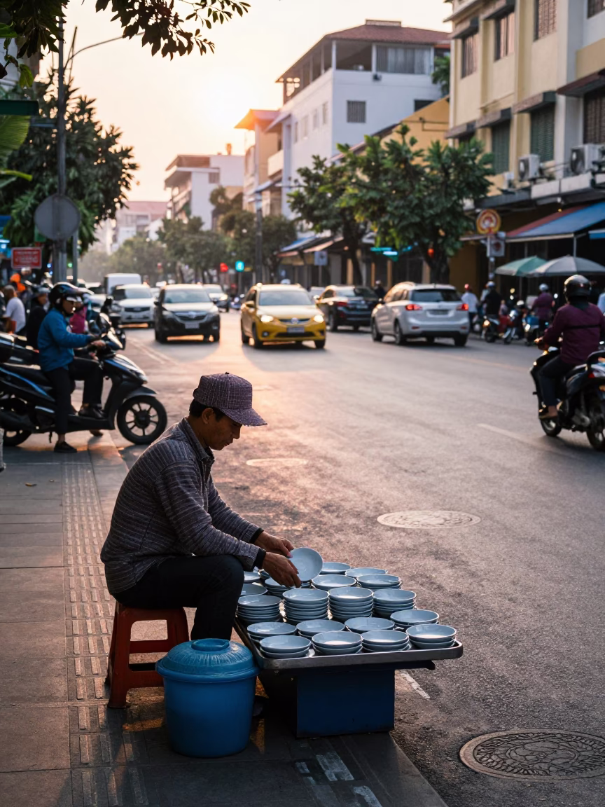 First Light Of Dawn on Street Vendor in Ho Chi Minh City in in Ho Chi Minh City, Vietnam