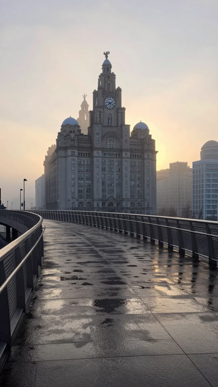First Light Of Dawn on Wet Footsteps in Liverpool in in Liverpool, United Kingdom