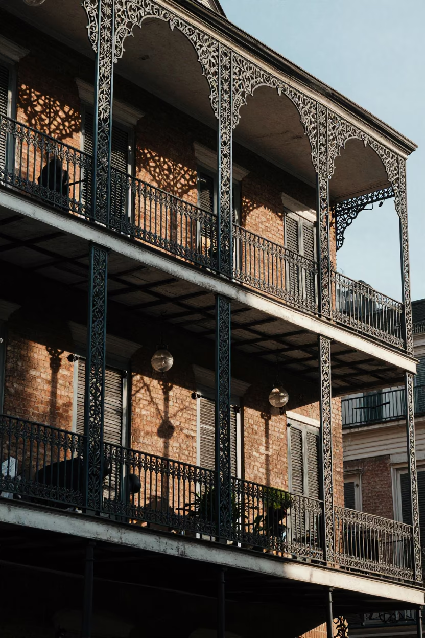 First light on a New Orleans balcony with hanging air plant and glass vase in in New Orleans, Louisiana, United States