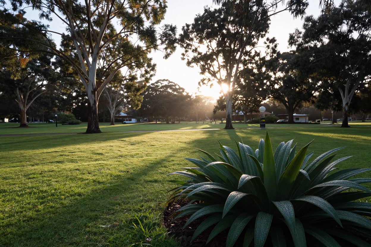 First light on Adelaide Parklands with water droplets on broad leaves and urban skyline in in Adelaide, South Australia, Australia
