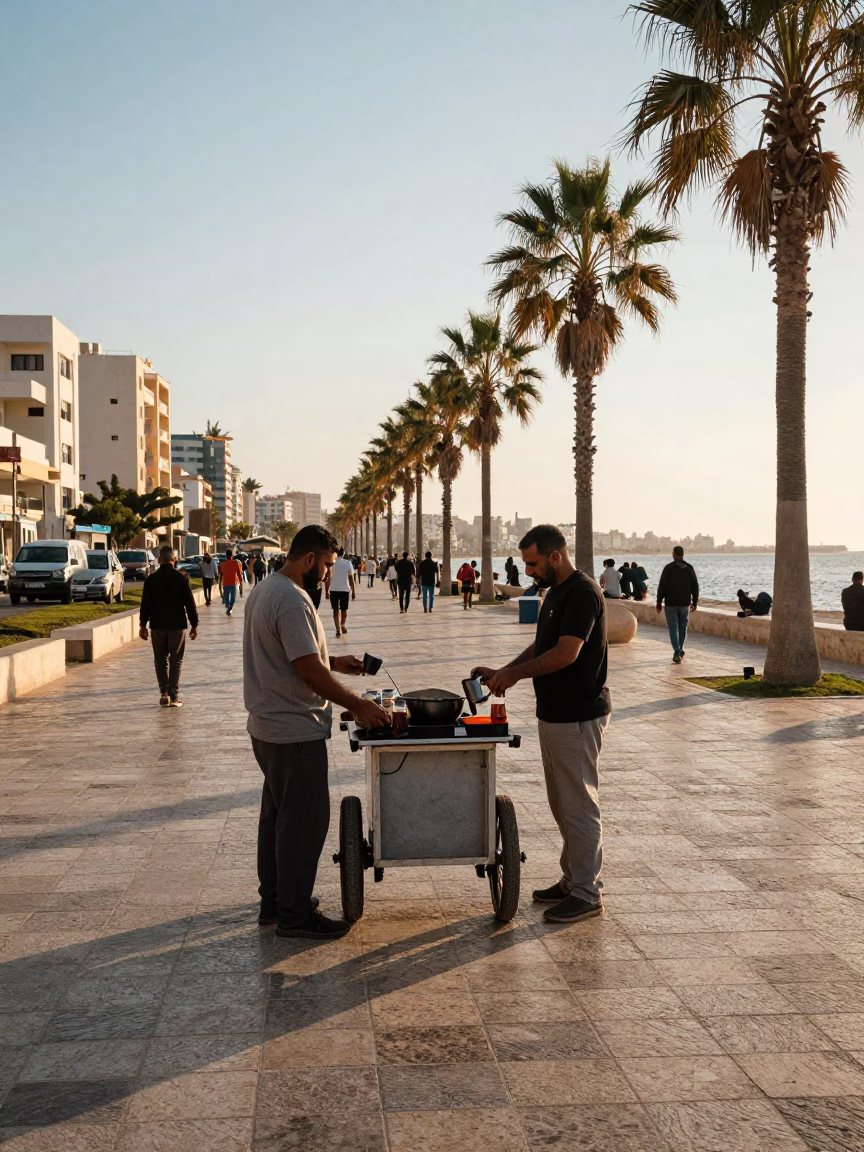 First Light on Alexandria Corniche Street Life with Tea Canister and Rust in in Alexandria, Egypt
