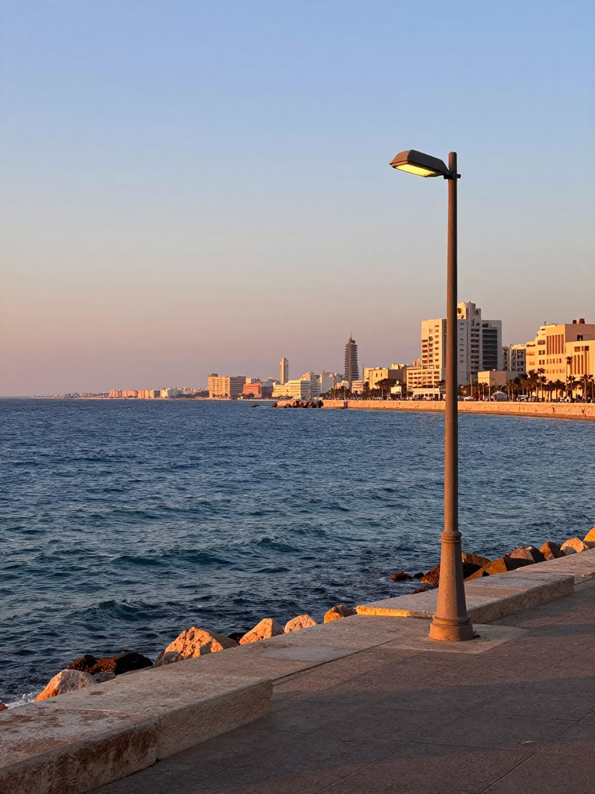 First Light on Alexandria Corniche with Moth Near Lamp and Local Street Scene in in Alexandria, Egypt