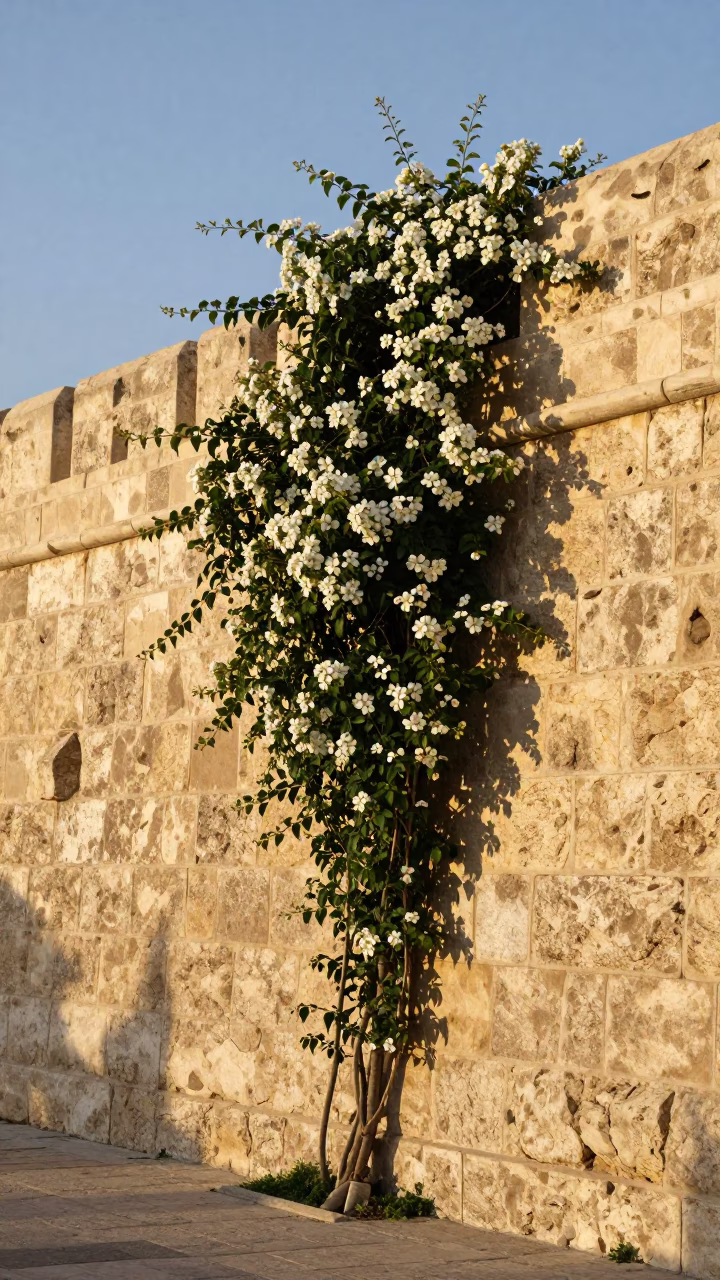 First Light on Alexandria Corniche with Stone Wall and Clematis Vine at Dawn in in Alexandria, Egypt