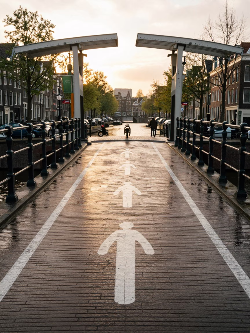 First Light on Amsterdam Canal Drawbridge Deck Markings and Peg Rails in in Amsterdam, Netherlands