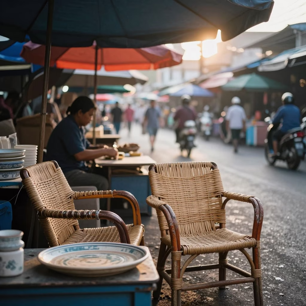 First Light on Bangkok Street Market with Woven Chairs and Tea Stains in in Bangkok, Thailand