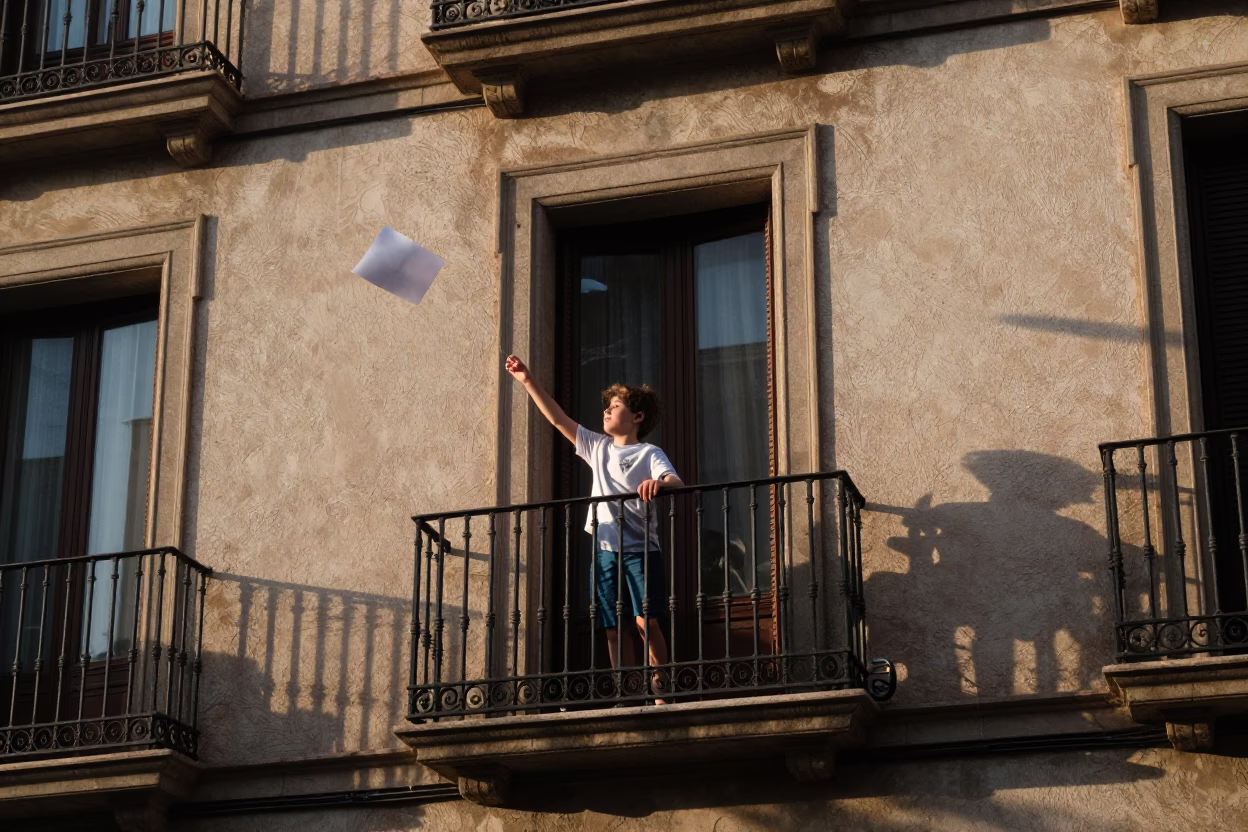 First Light on Barcelona Balcony with Boy Launching Paper Airplane Over Historic Rooftops in in Barcelona, Spain