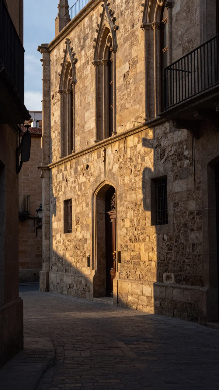 First Light on Barcelona Gothic Quarter Stone Facade with Measuring Tape Detail in in Barcelona, Spain