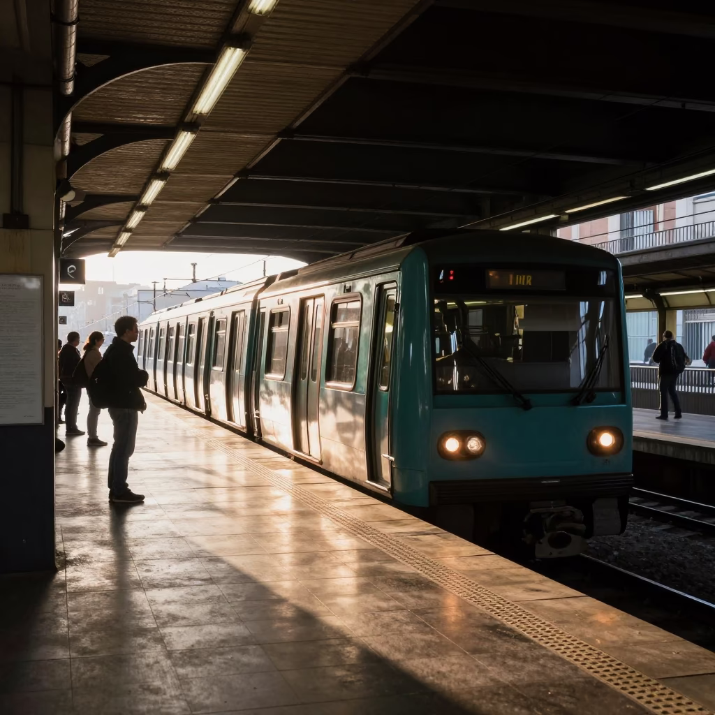 First Light on Barcelona Metro Train Entering Art Adorned Station in Spain in in Barcelona, Spain