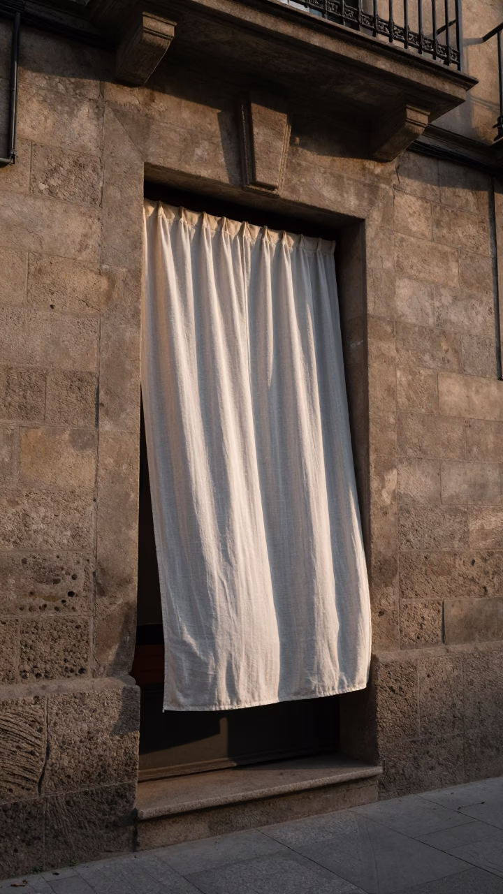First Light on Barcelona Street with Linen Curtains and Glass Bucket in in Barcelona, Spain