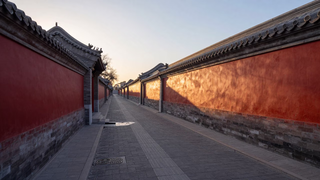 First Light on Beijing Hutong Alleyway with Stone Drain and Tea Stains in in Beijing, China