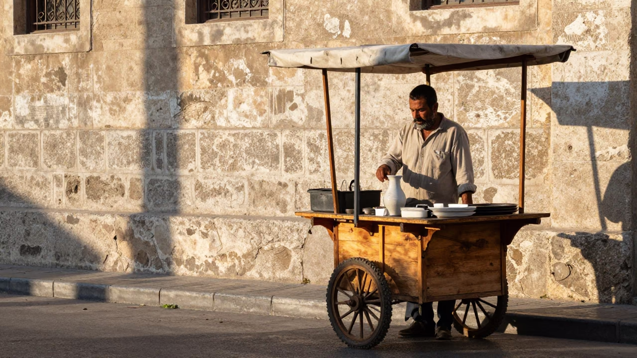 First Light on Beirut Corniche Street Vendor with Carafe and Trowel in in Beirut, Lebanon