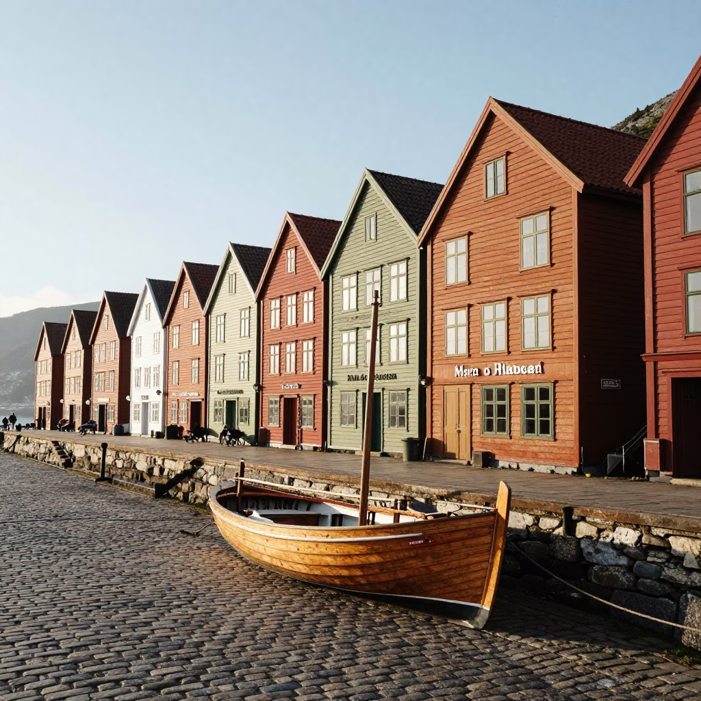 First Light on Bergen Norway Wharf Historic Bryggen Wooden Buildings and Harbor in in Bergen, Norway