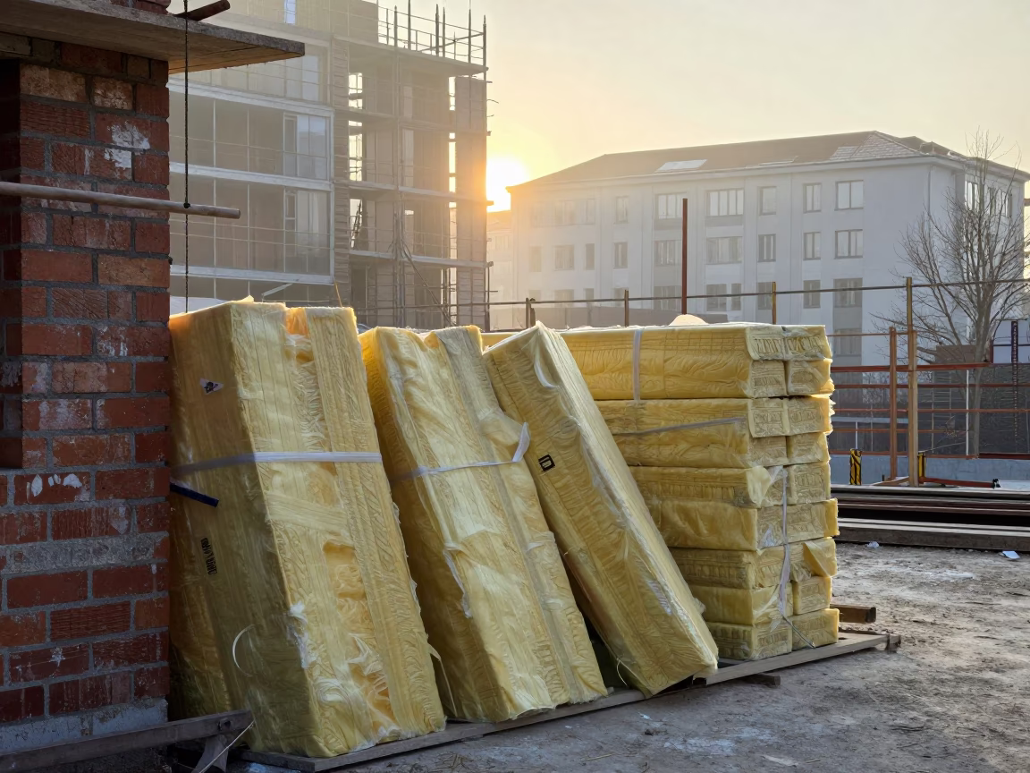 First Light on Berlin Construction Site Insulation Stack and Dustpan Detail in in Berlin, Germany