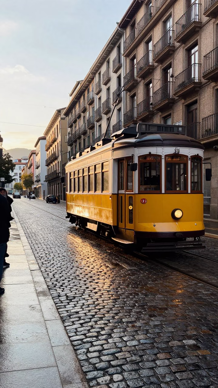 First Light on Bilbao Cobblestones with Heritage Tram and Morning Basket in in Bilbao, Spain