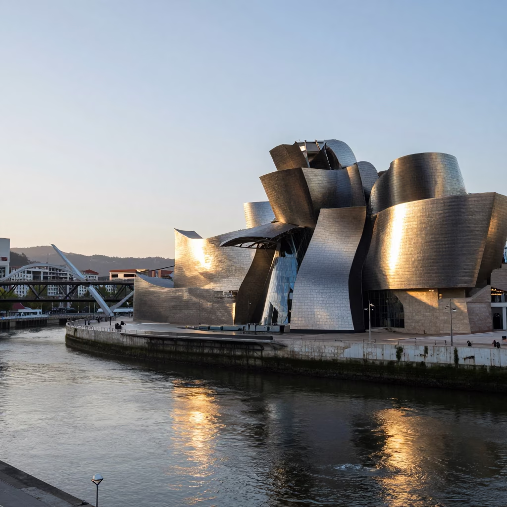 First Light on Bilbao Guggenheim Museum and Nervion River Bridge in in Bilbao, Spain