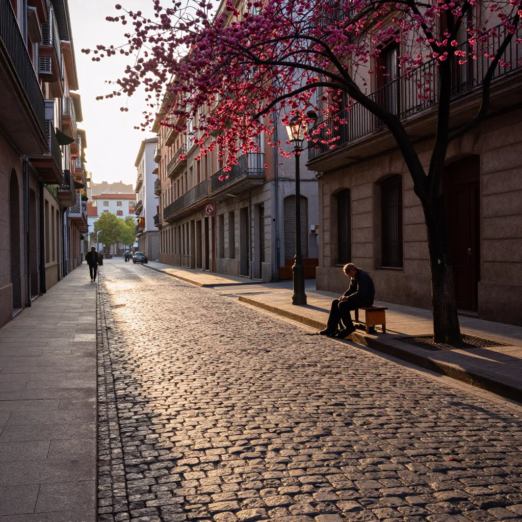 First light on Bilbao streets with cherries and cobbler near Guggenheim Museum in in Bilbao, Spain
