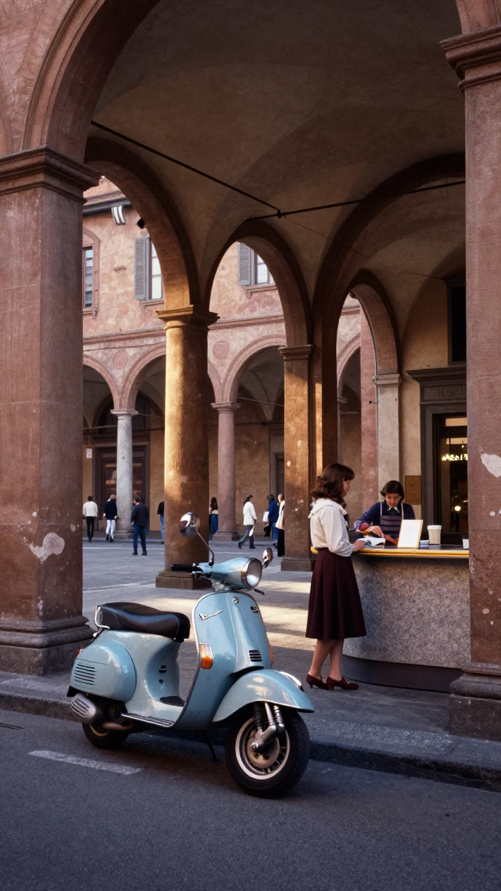 First light on Bologna porticoes with vintage 1970s street scene and local details in in Bologna, Italy