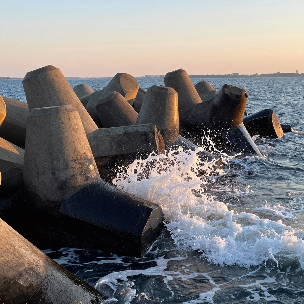 First Light on Boston Harbor Breakwater Tetrapods with Spray in Winter Surf in in Boston, Massachusetts, United States