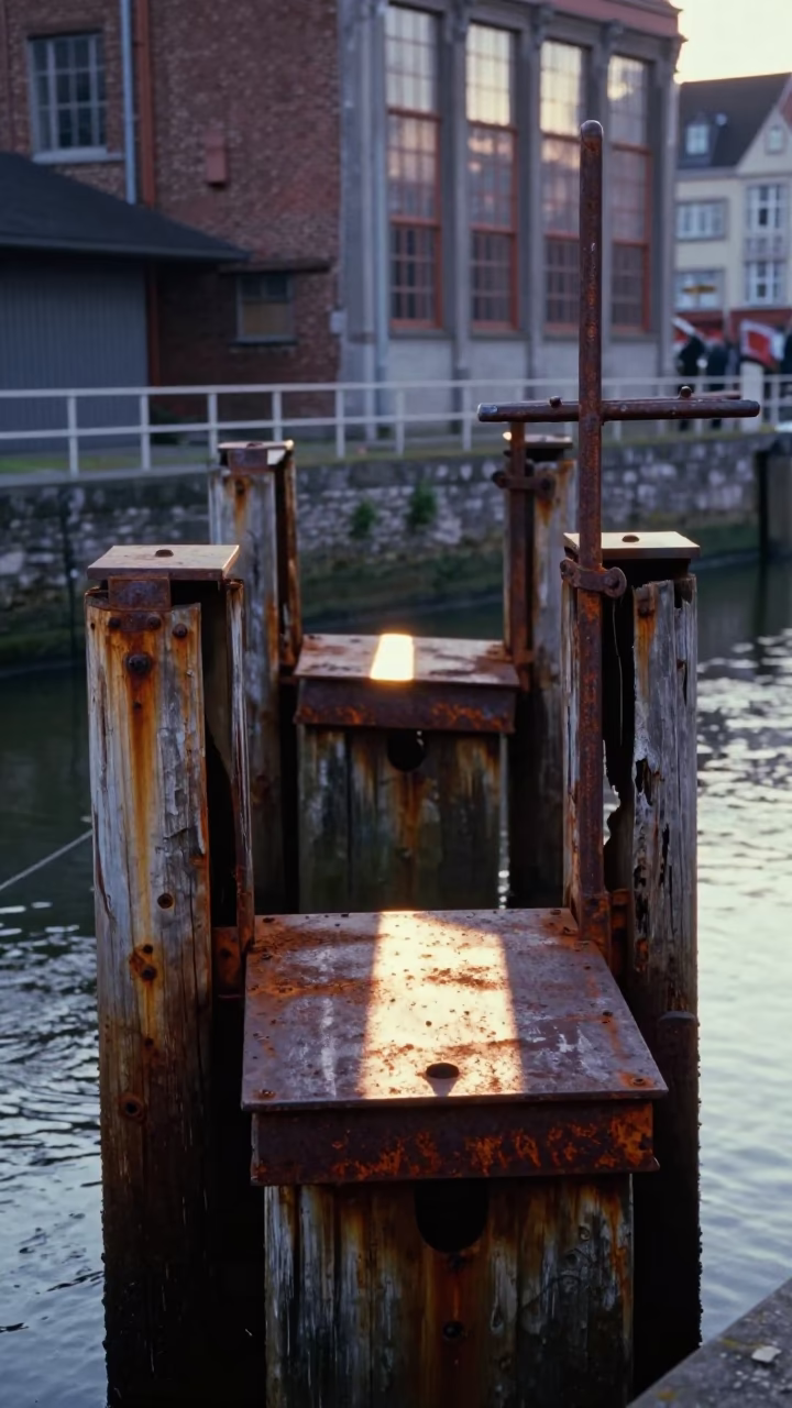 First Light on Brussels Canal Lock with Rust and Reflections in in Brussels, Belgium