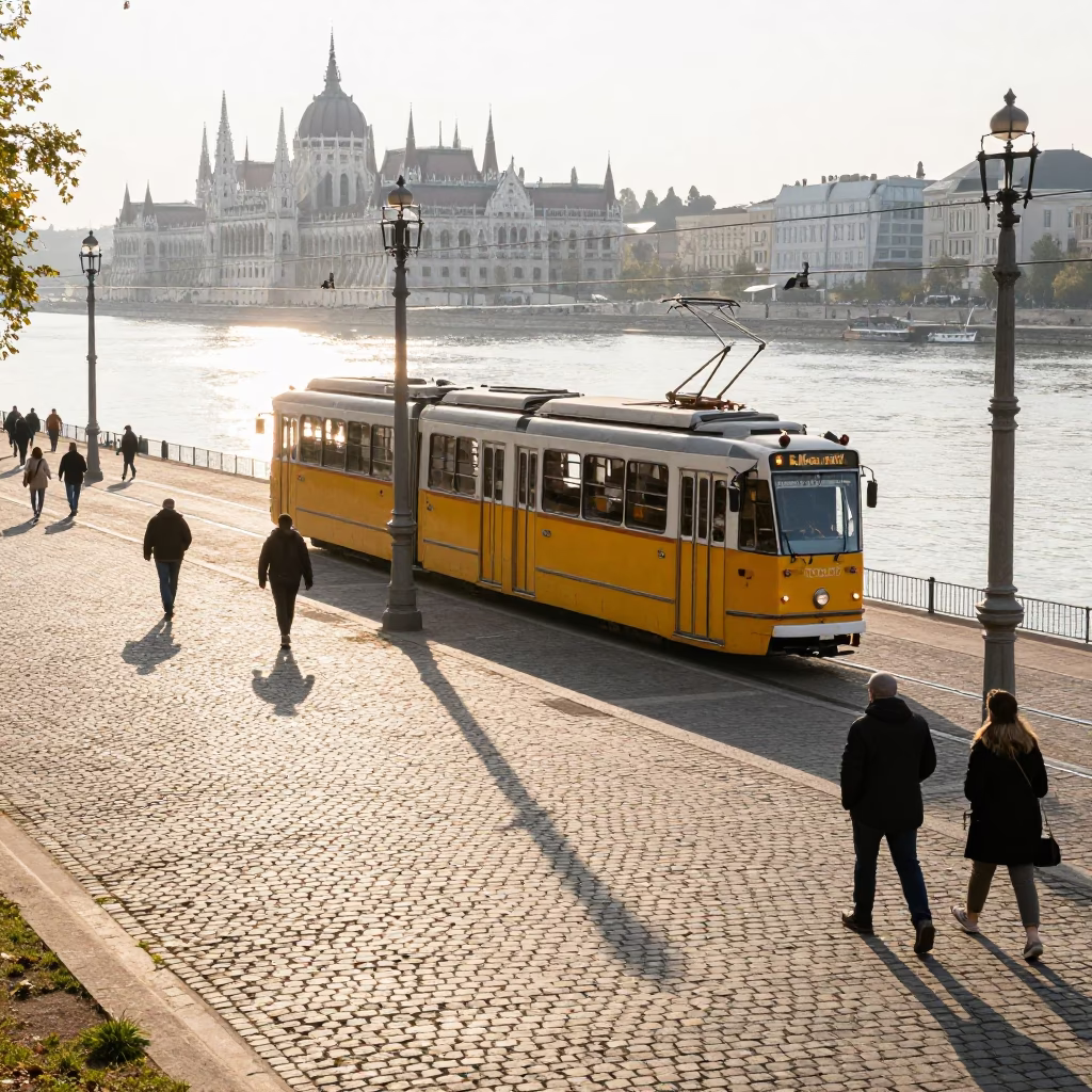First light on Budapest Danube bank with yellow tram and morning commuters in in Budapest, Hungary