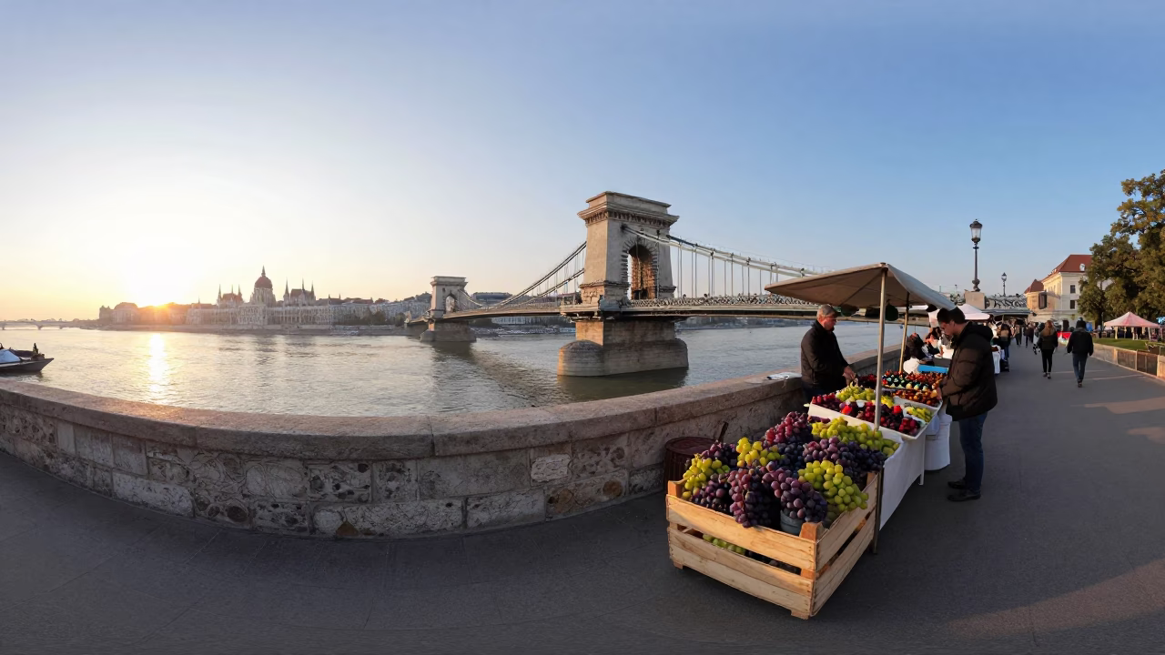 First Light on Budapest Danube Promenade with Morning Market Grapes and Egg Cups in in Budapest, Hungary