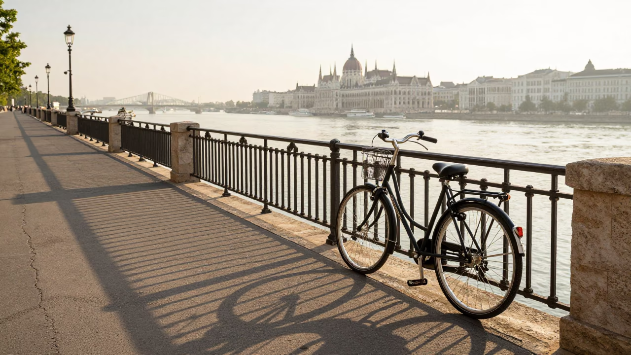 First Light on Budapest Danube Promenade with Vintage Bicycle and Local Street Scene in in Budapest, Hungary