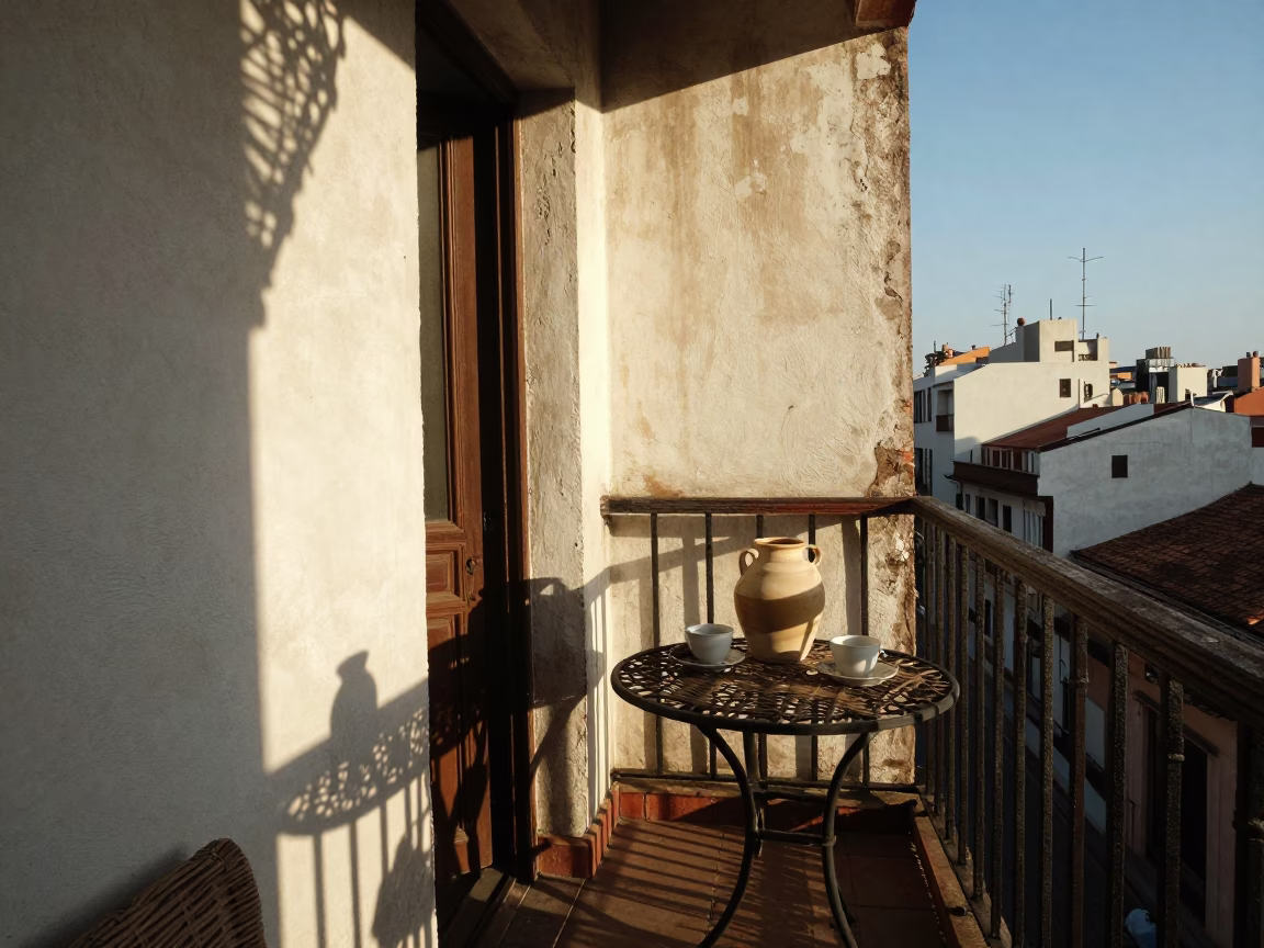 First Light on Buenos Aires Balcony with Wicker Shadows and Ceramics in in Buenos Aires, Argentina
