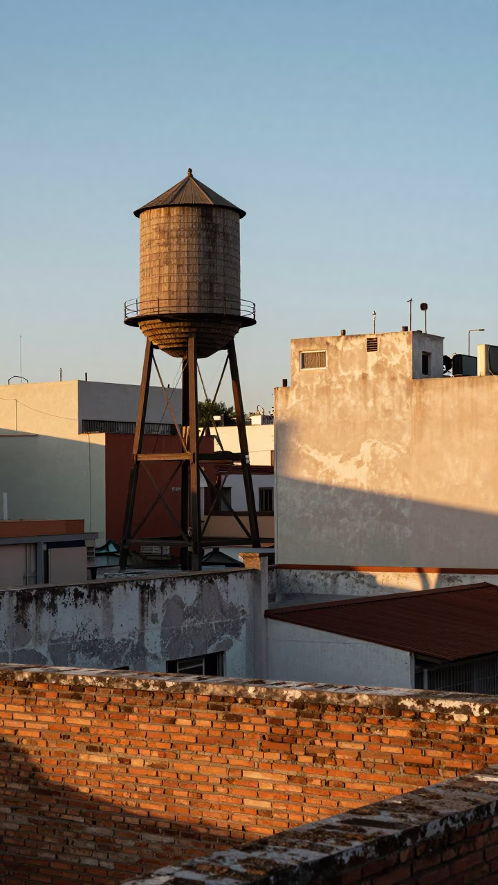 First Light on Buenos Aires Rooftop with Water Tower and Terracotta Bowls in in Buenos Aires, Argentina