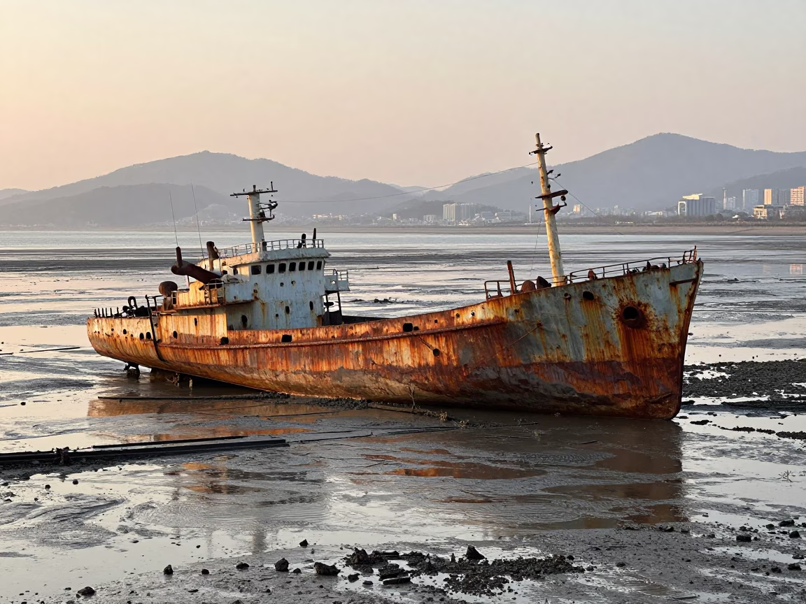 First Light on Busan Tidal Flats with Rusting Ship Beached on Mudflats in in Busan, South Korea