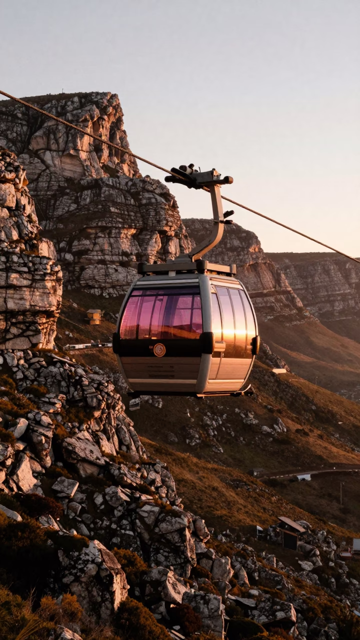 First Light on Cape Town’s Table Mountain Cableway Crossing the Valley Below in in Cape Town, South Africa