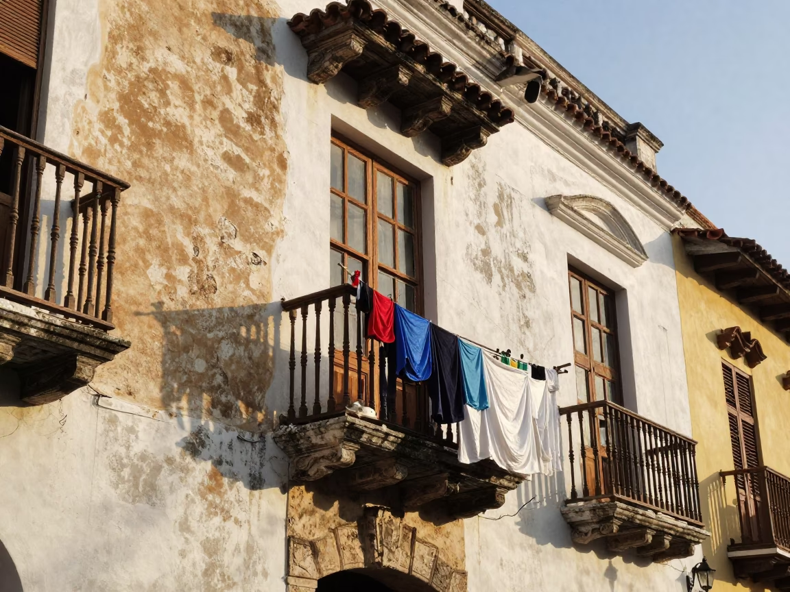 First Light on Cartagena Colonial Balcony with Hanging Laundry and Blue Sky in in Cartagena, Colombia