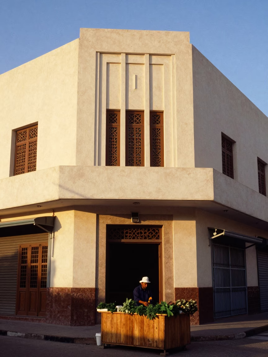 First Light on Casablanca Art Deco Facade with Local Market Details in in Casablanca, Morocco