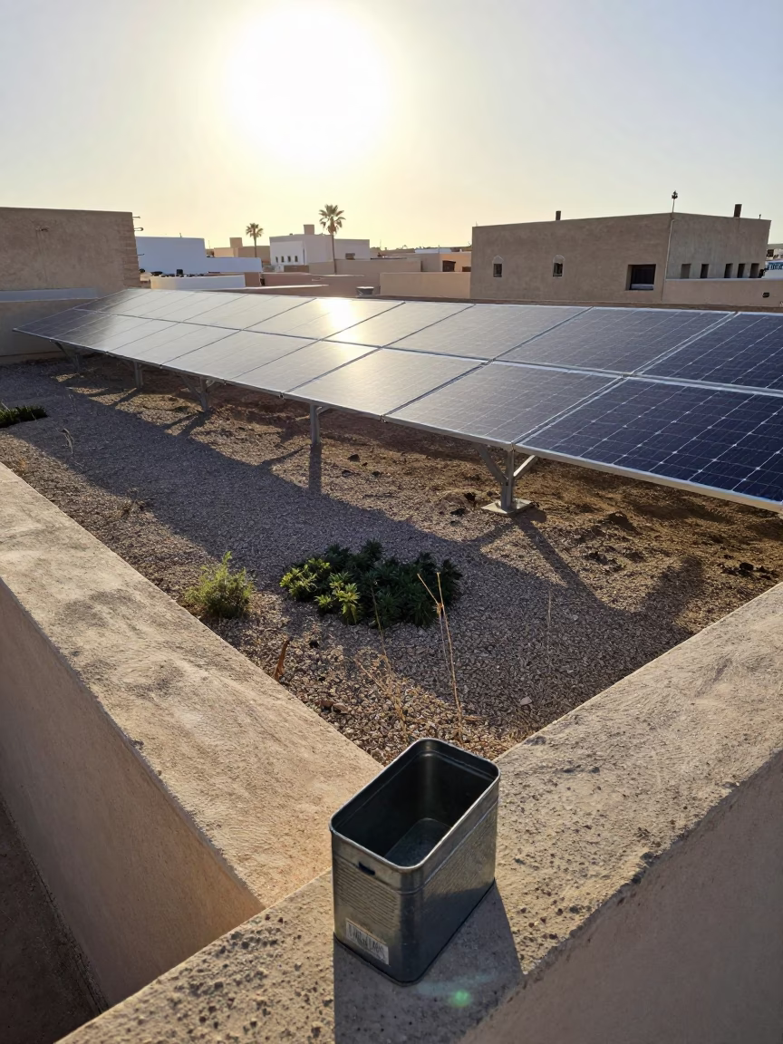 First Light on Casablanca Rooftop with Solar Array and Morning Tea Setup in in Casablanca, Morocco