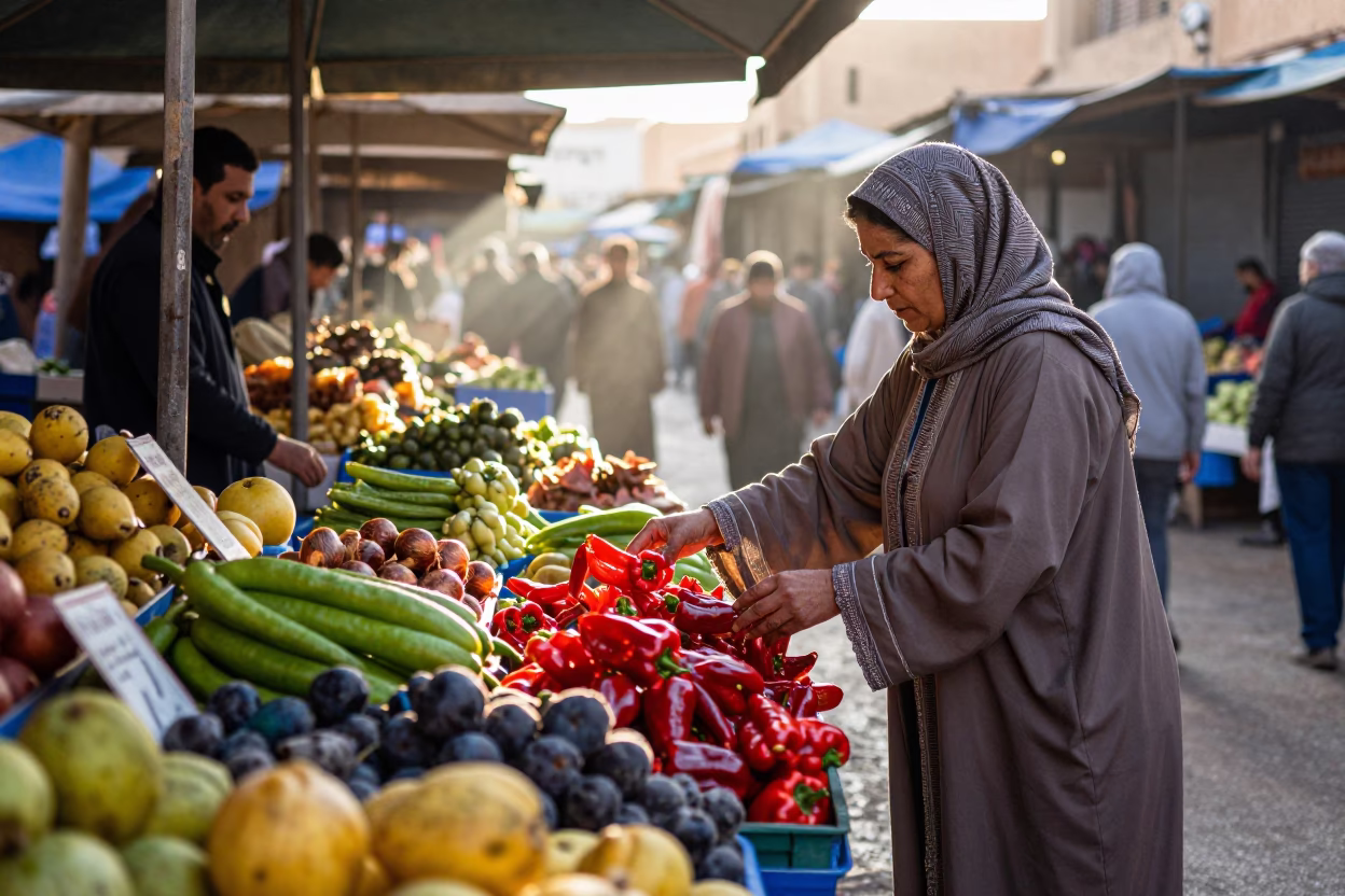 First Light on Casablanca Street Market with Local Vendor and Everyday Objects in in Casablanca, Morocco