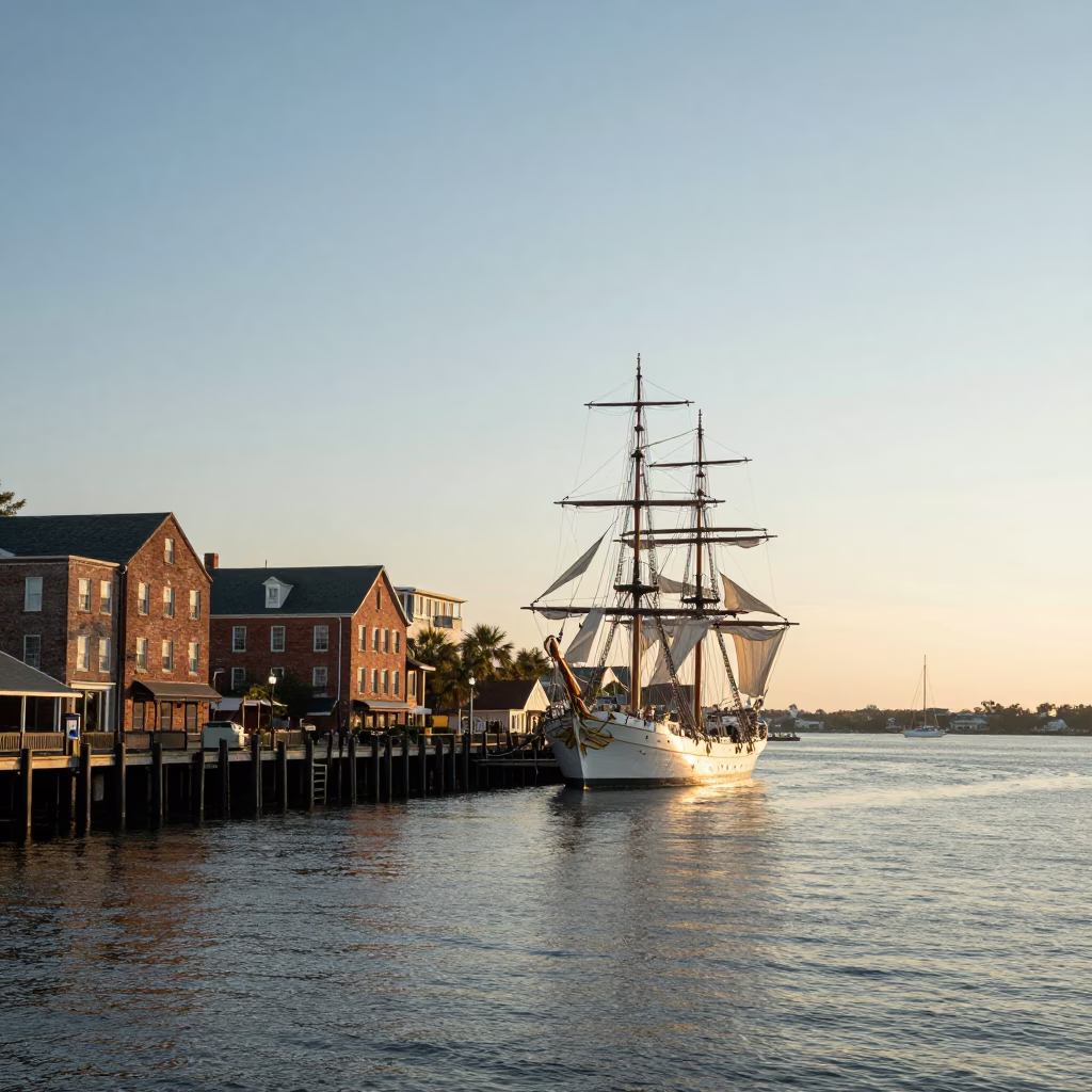 First Light on Charleston Harbor with Historic Sailing Ship and Cobblestone Waterfront in in Charleston, South Carolina, United States